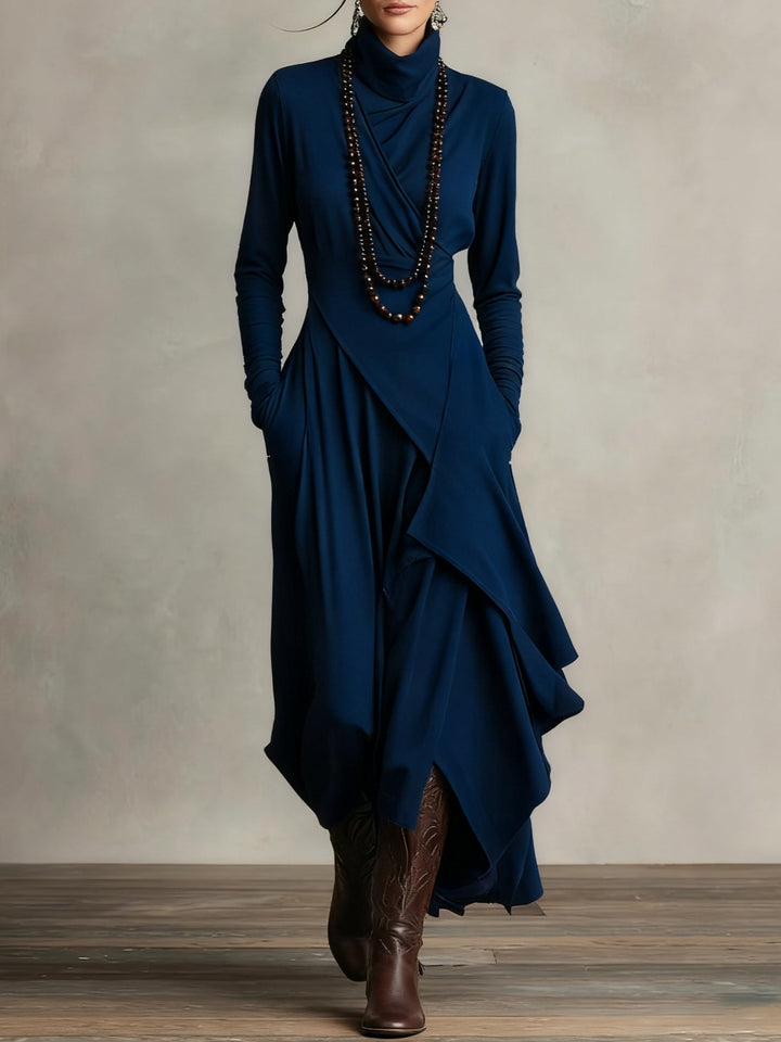 Ropa mujer: Vestido maxi fluido y cómodo con cuello alto asimétrico. Estilo boho casual y elegante.