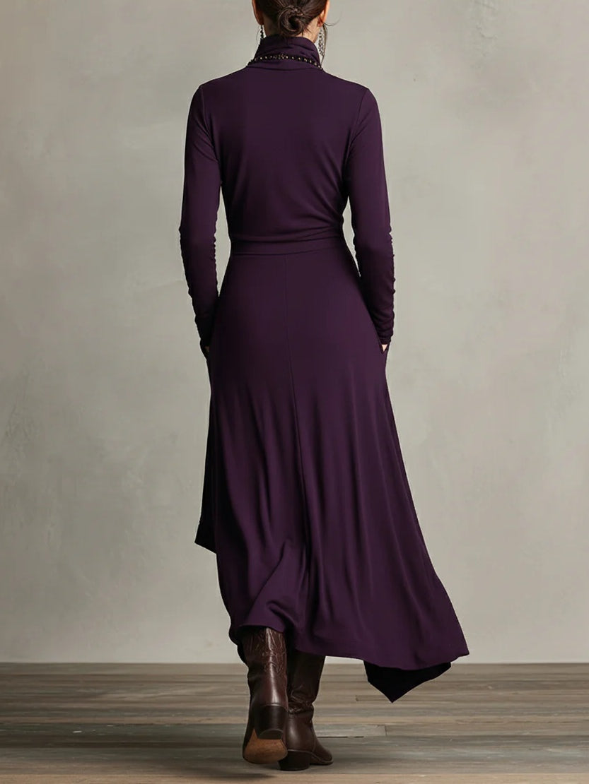 Vestido maxi mujer asimétrico, cuello alto. Estilo boho elegante y casual, ropa fluida para diversas ocasiones.