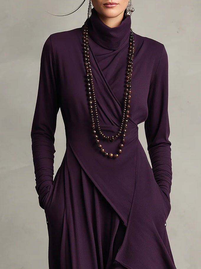Vestido maxi asimétrico con cuello alto para mujer. Diseño boho, ropa fluida y elegante para cualquier evento.