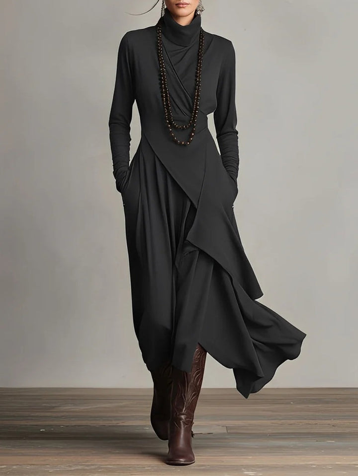 Vestido maxi elegante con cuello alto asimétrico para mujer. Look boho chic, fluido y cómodo.