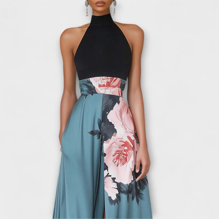 Elegante maxivestido floral de línea A para mujer, perfecto para celebraciones y ocasiones especiales de verano.