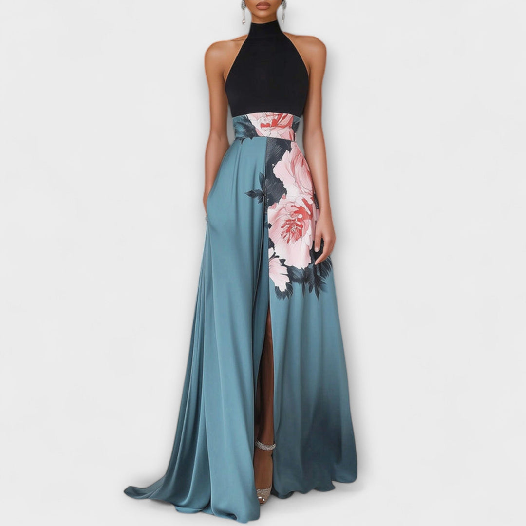 Maxivestido floral línea A elegante para mujer, perfecto para verano y celebraciones. Estilo largo y sin mangas.