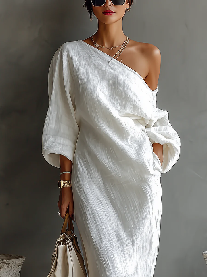 Vestido maxi fluido asimétrico de un hombro para mujer. Versátil, elegante para fiesta o casual chic de verano.