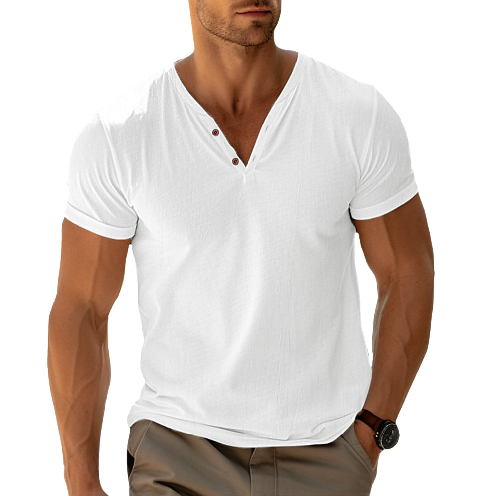 Camiseta hombre estilo casual LENO, cuello V con botones, manga corta para verano. Ropa cómoda y versátil.