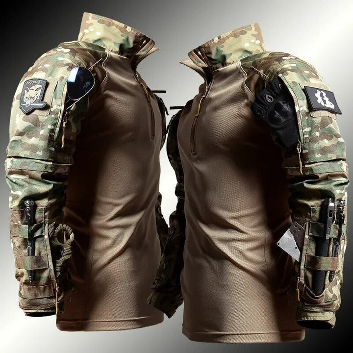 Chaqueta táctica camuflaje militar para hombre, diseñada para aventura y resistencia en actividades al aire libre.