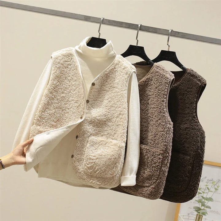Chaleco polar de mujer con botones, estilo elegante casual, ideal para combinar capas en invierno.