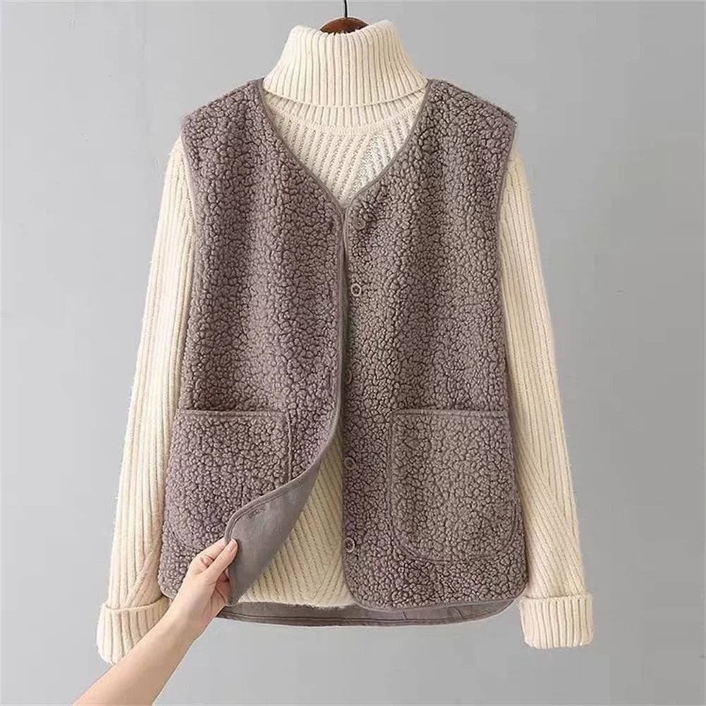 Chaleco casual de forro polar para mujer, diseño con botones, ligero y cálido para otoño/invierno.