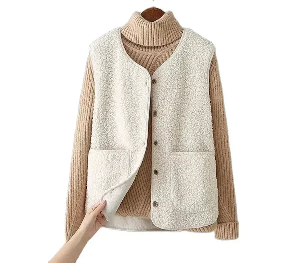 Abrigo ligero: chaleco mujer forro polar con botones, versátil para un look casual de invierno.