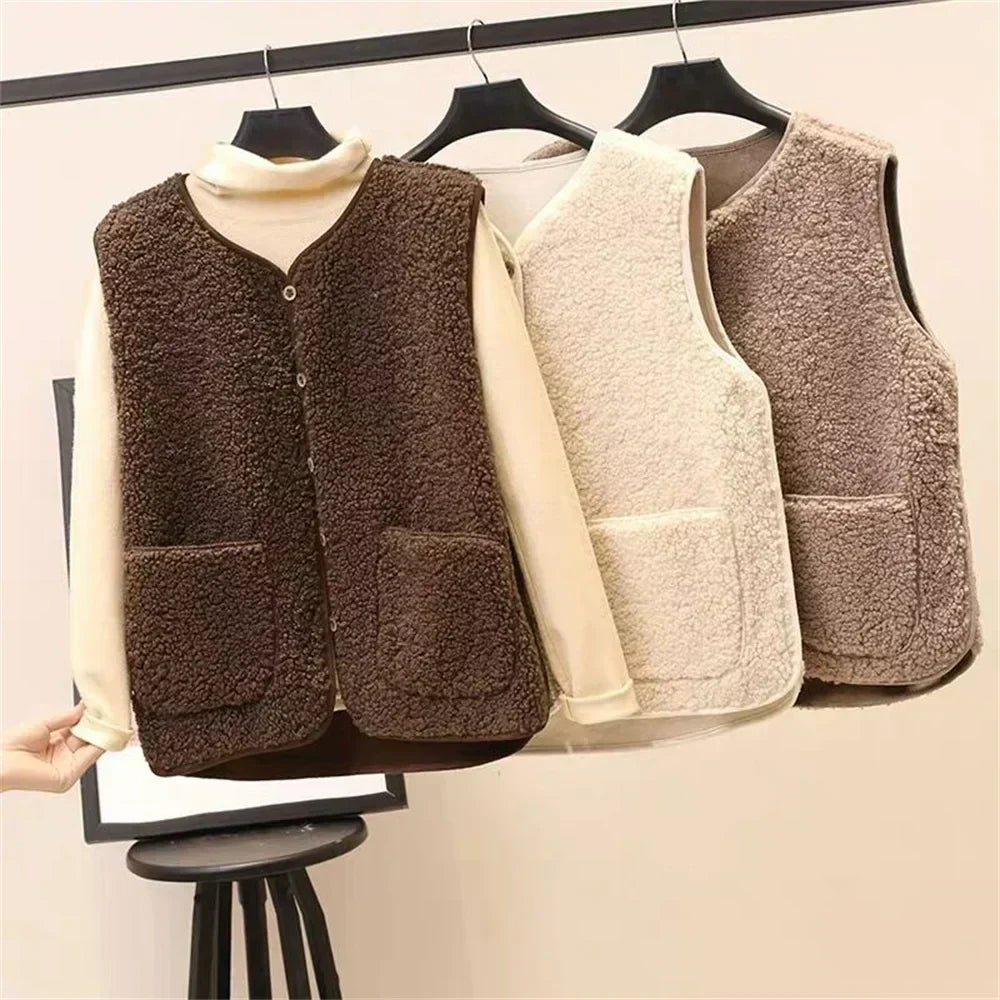 Chaleco de invierno para mujer, forro polar con cierre de botones y bolsillos funcionales.