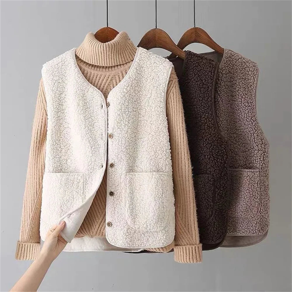 Chaleco forro polar mujer con botones, ideal para invierno y otoño casual. Moda femenina.