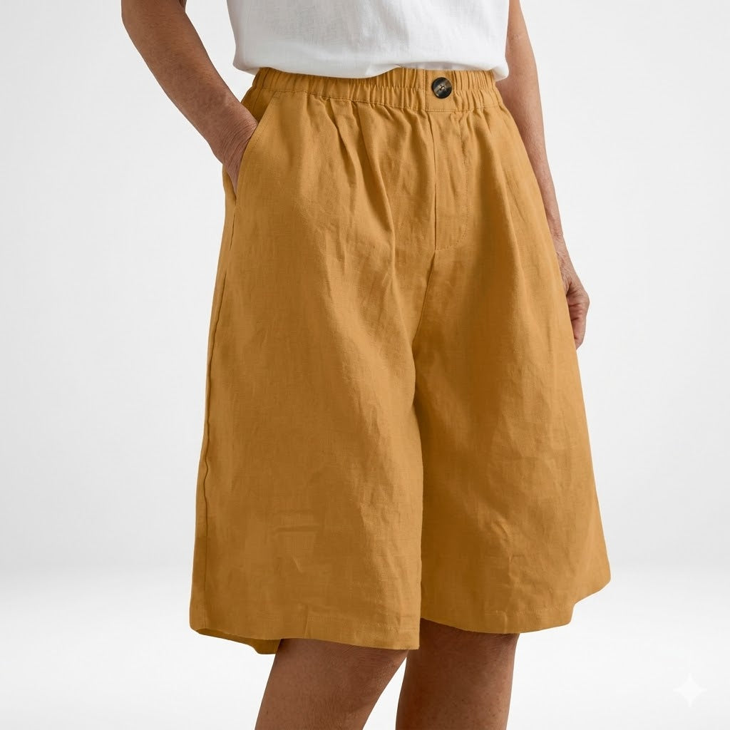 Outfit casual con pantalones cortos de mujer de verano, cintura elástica y estilo fresco y cómodo.