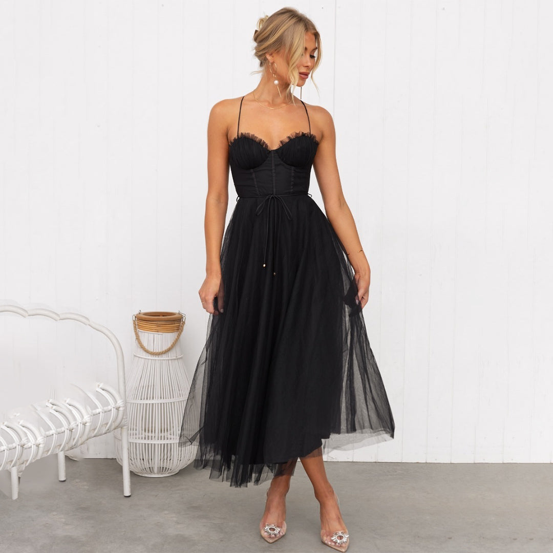 Vestido de gala midi para mujer, color negro. Elegancia formal para fiestas de noche y eventos sofisticados.