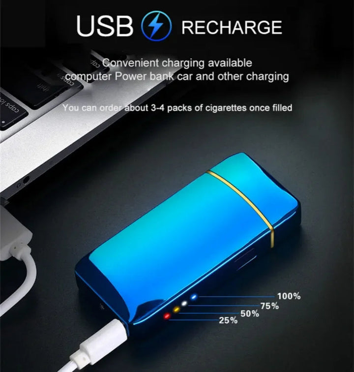 Portátil encendedor metálico de plasma con carga USB, doble llama potente, resistente al viento y ecológico.