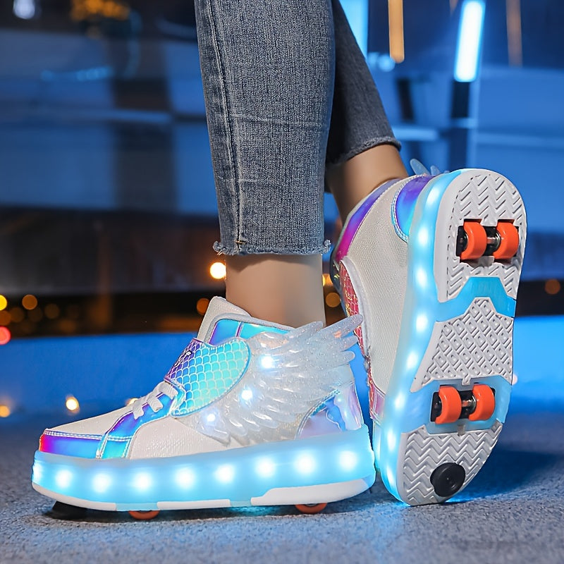 Zapatillas infantiles negras con patines retráctiles y luces LED, ideales para juegos al aire libre.