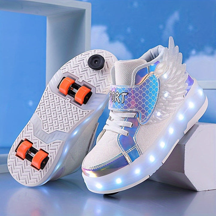 Calzado infantil moderno con ruedas retráctiles y luces LED intermitentes, perfecto para niños activos.