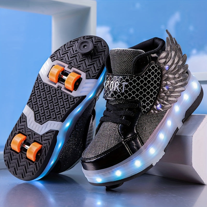 Zapatillas altas infantiles con ruedas retráctiles ocultas y luces LED brillantes para diversión y moda.