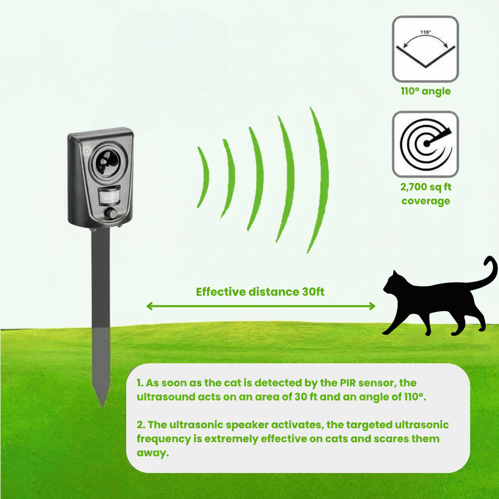 Disuasorio ultrasónico de gatos para exterior. Control de plagas eficaz en tu hogar y jardín.