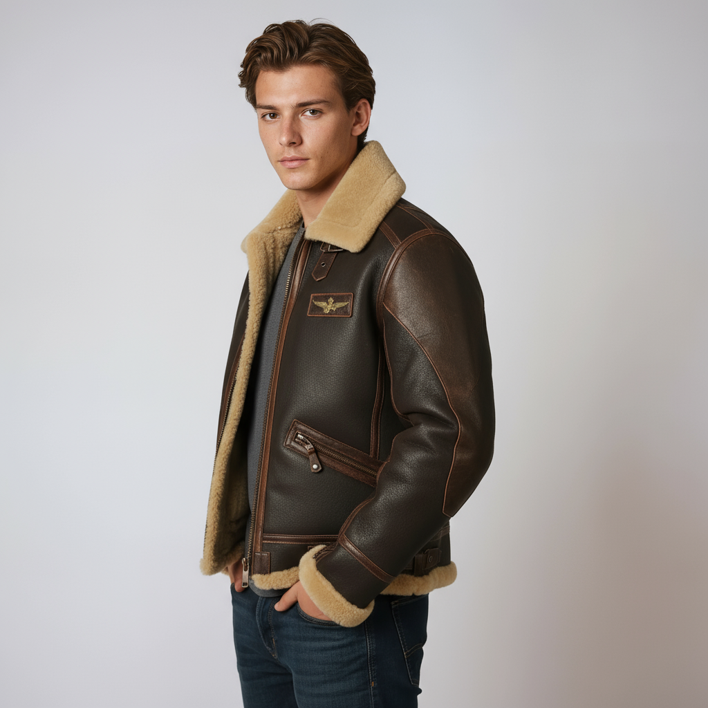 Cazadora cálida de hombre estilo piloto, borreguito interior, tono marrón. Perfecta para un look invernal y atemporal.