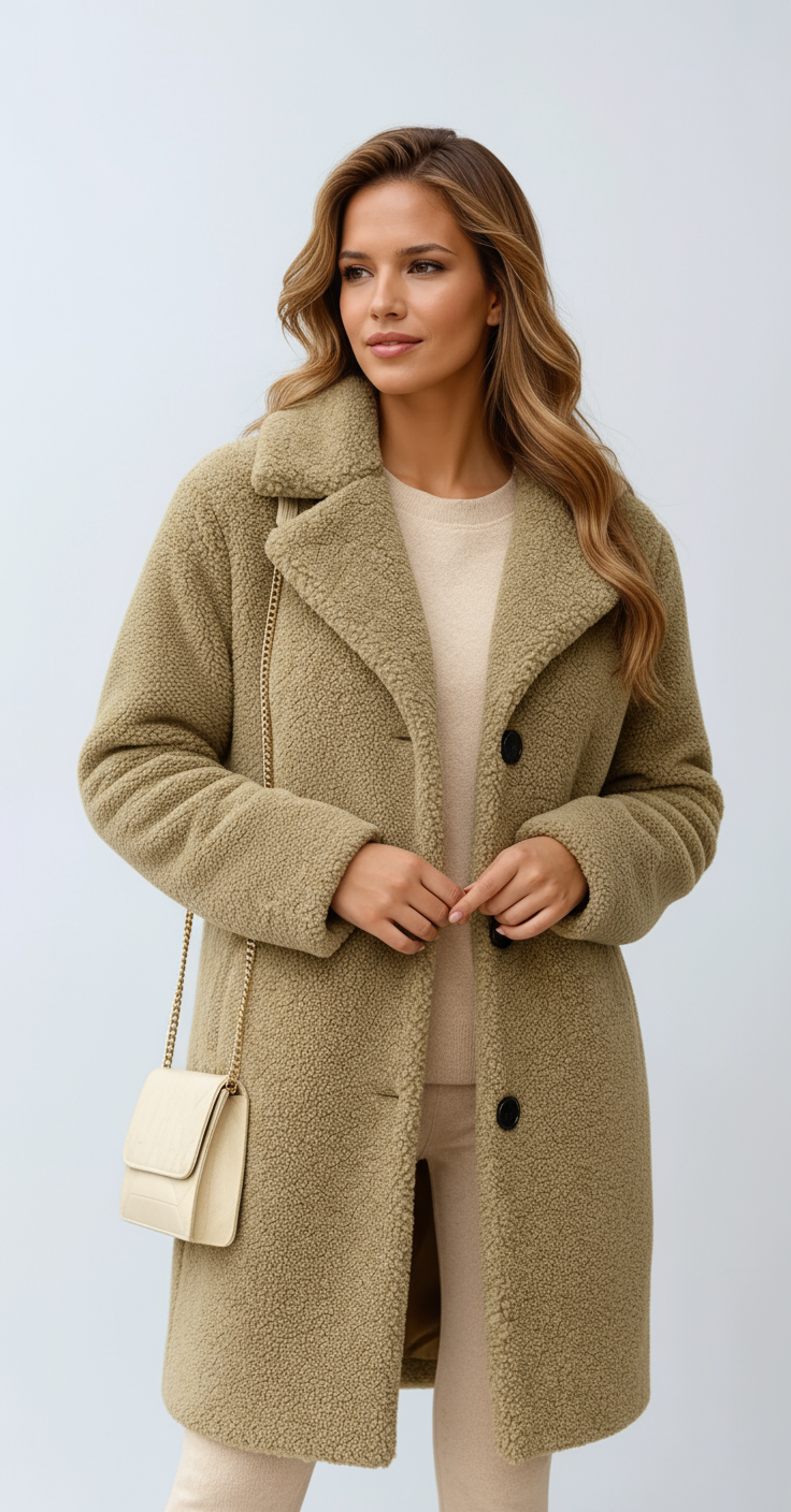 Primer plano de los botones de un abrigo largo LUNARA de mujer, un diseño sofisticado y elegante para el invierno.
