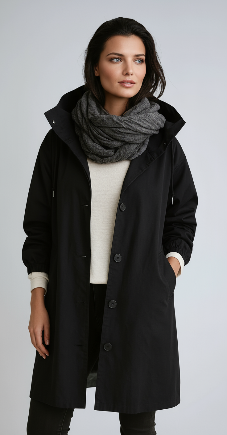 Abrigo de mujer largo para invierno, estilo casual con capucha, ideal para días fríos.