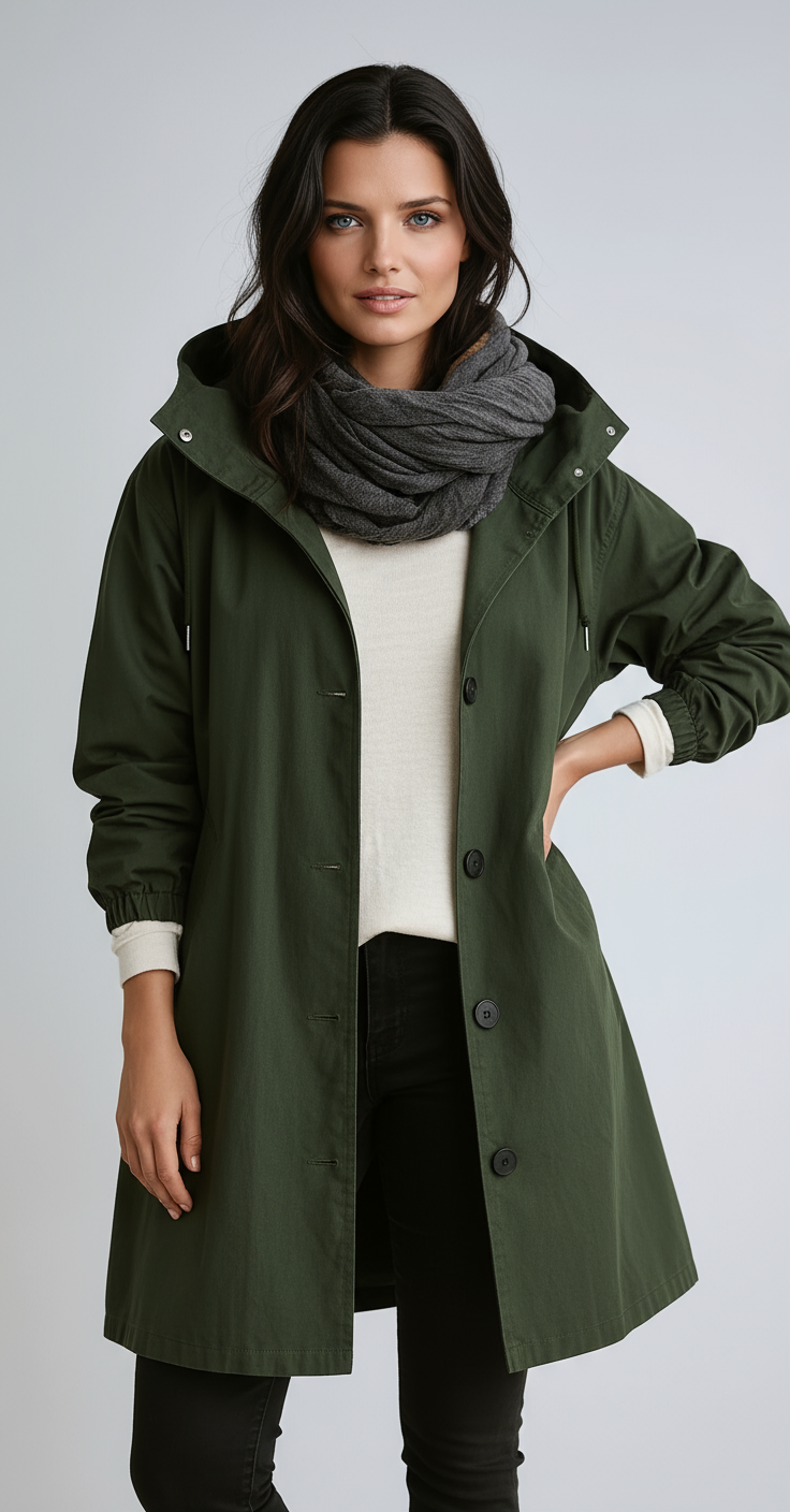 Botones de abrigo de mujer, detalle elegante en chaqueta larga con capucha para el invierno.