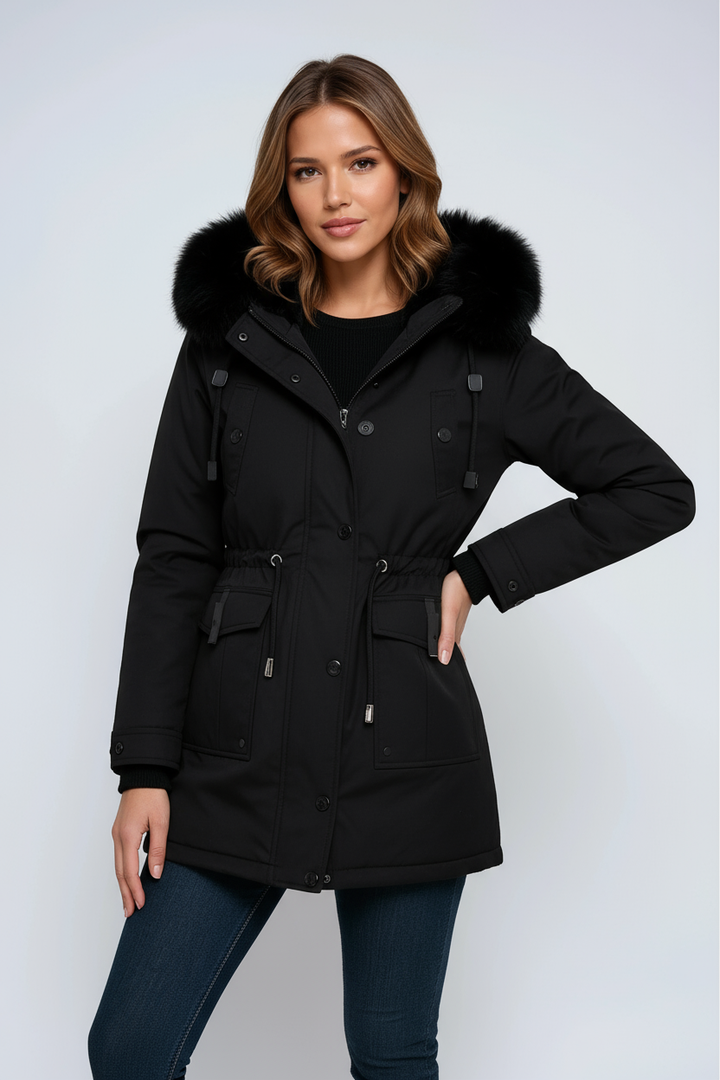 Capucha de pelo sintético suave en parka de invierno elegante para mujer, abrigo cálido y cómodo.