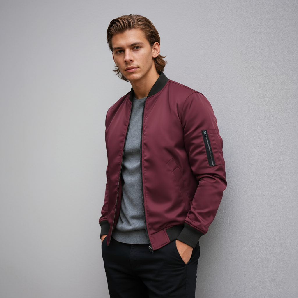 Detalle de chaqueta bomber MILVAN para hombre, diseño urbano y moderno. Ideal para tu estilo diario.
