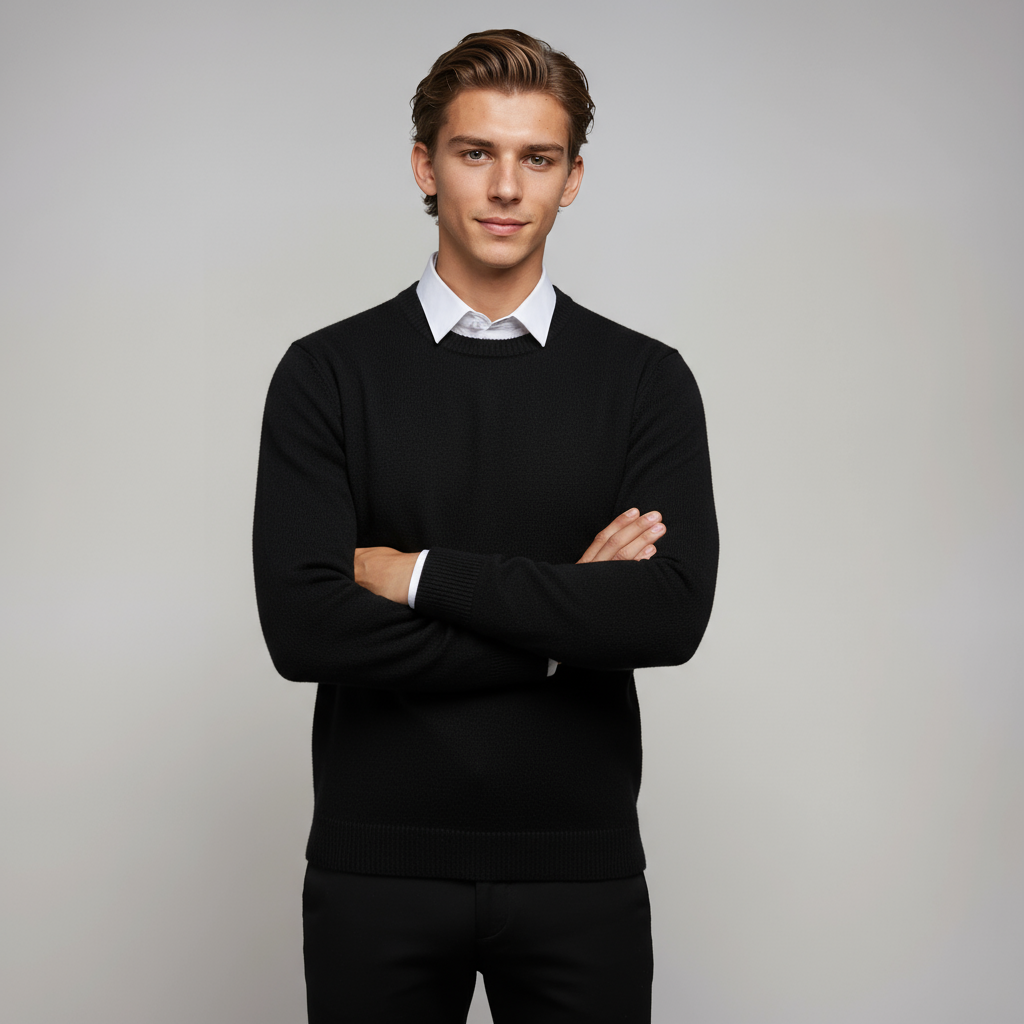Suave jersey ligero de hombre con cuello redondo. Prenda básica y cómoda para moda invierno.