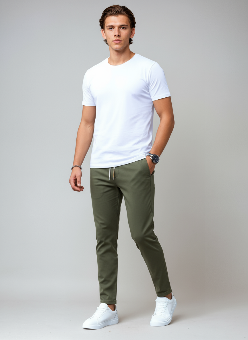 Hombre vistiendo pantalón chino slim fit, cómodo y elegante, destacando moda masculina actual.