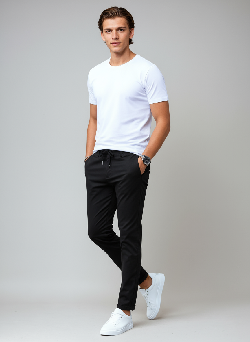 Elegante pantalón chino slim fit de hombre, ideal para un estilo sofisticado en moda masculina.