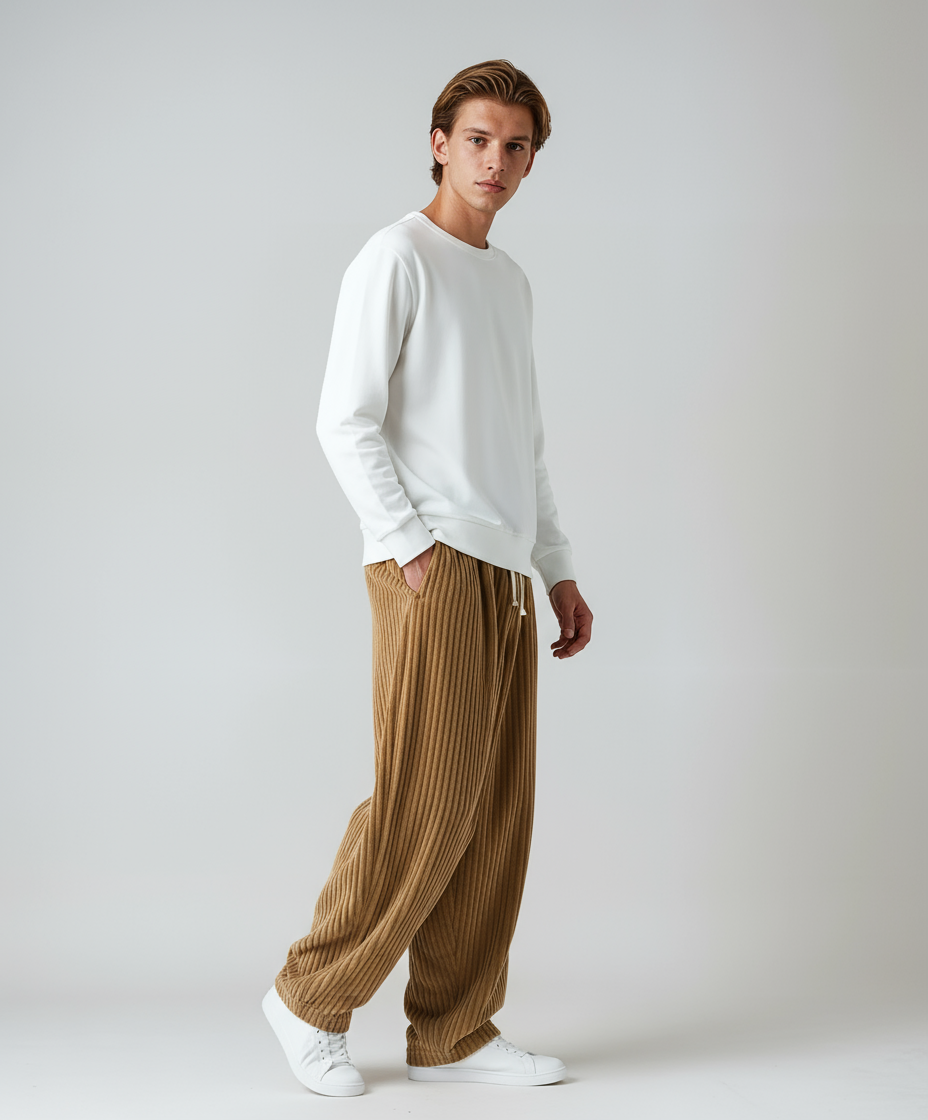 Textura suave de pana del pantalón ancho para hombre, ideal para invierno y comodidad diaria.