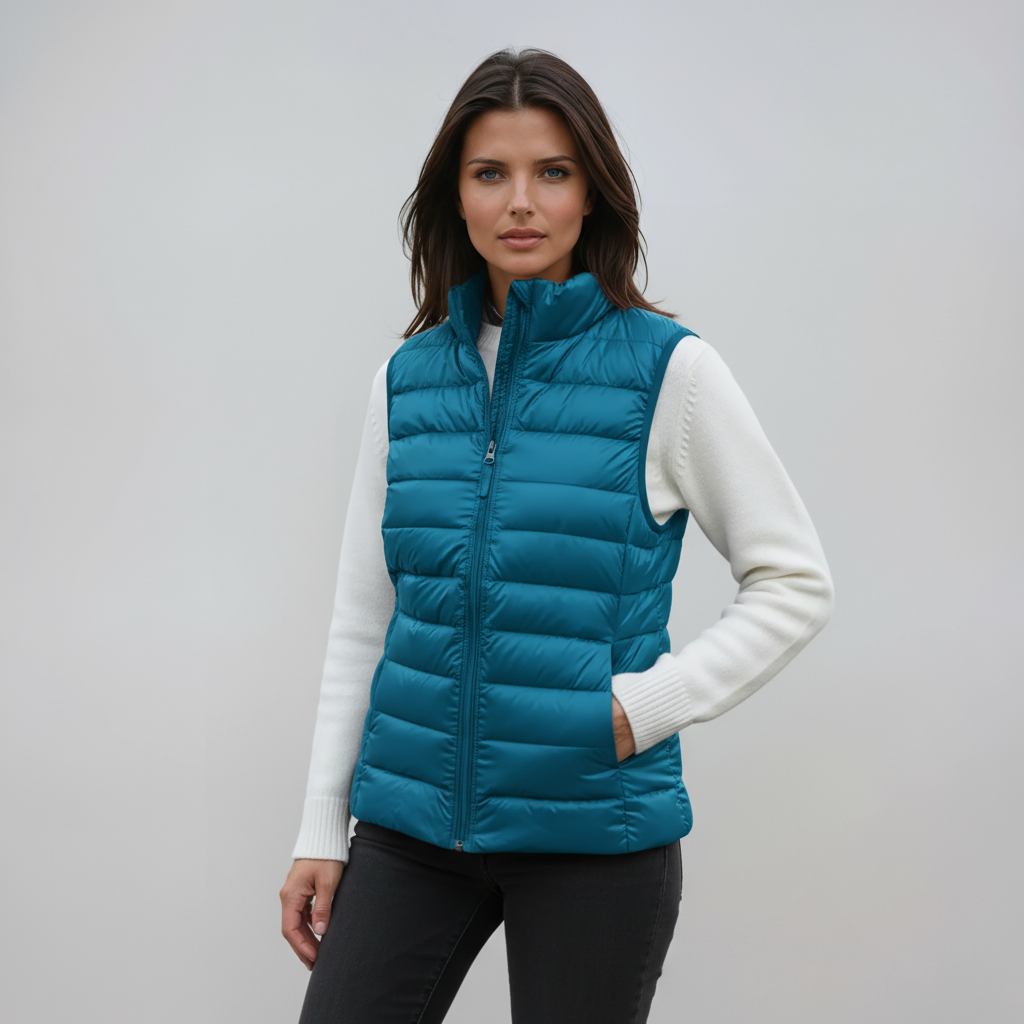 Chaleco acolchado de mujer con cuello alto, perfecto para un look casual. Ropa de mujer, ligero y de tendencia.