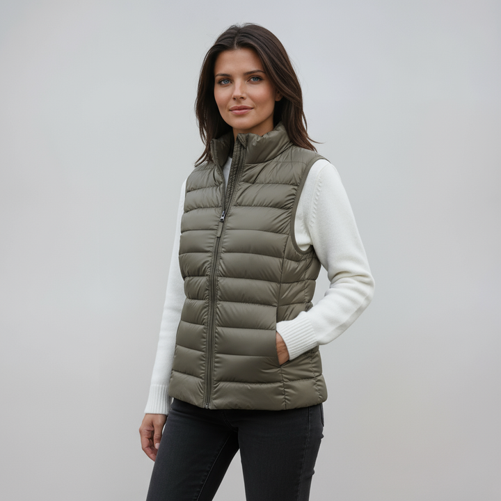 Chaleco acolchado para mujer, cuello alto. Abrigo sin mangas casual, perfecto para invierno o entretiempo.
