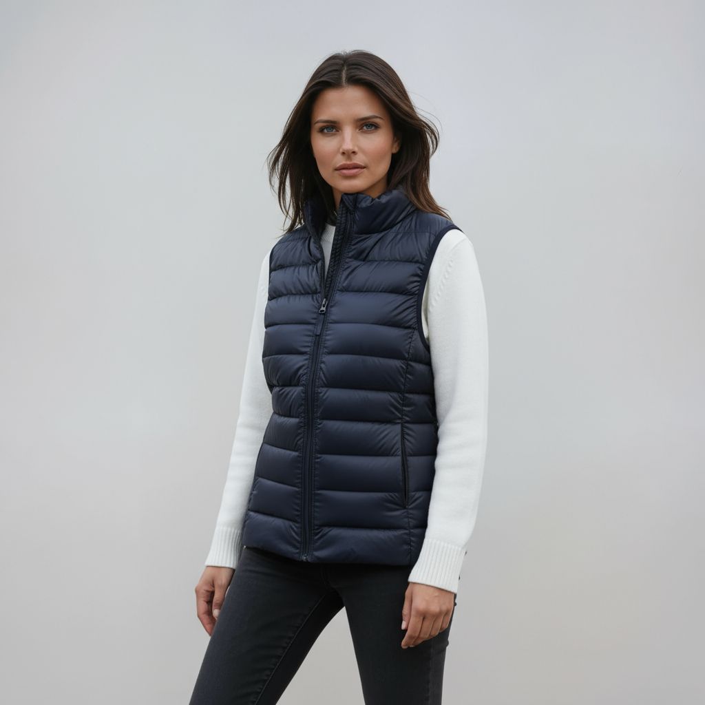 Chaleco acolchado ligero de mujer, cuello alto. Ropa casual y versátil para invierno o entretiempo, moda femenina.