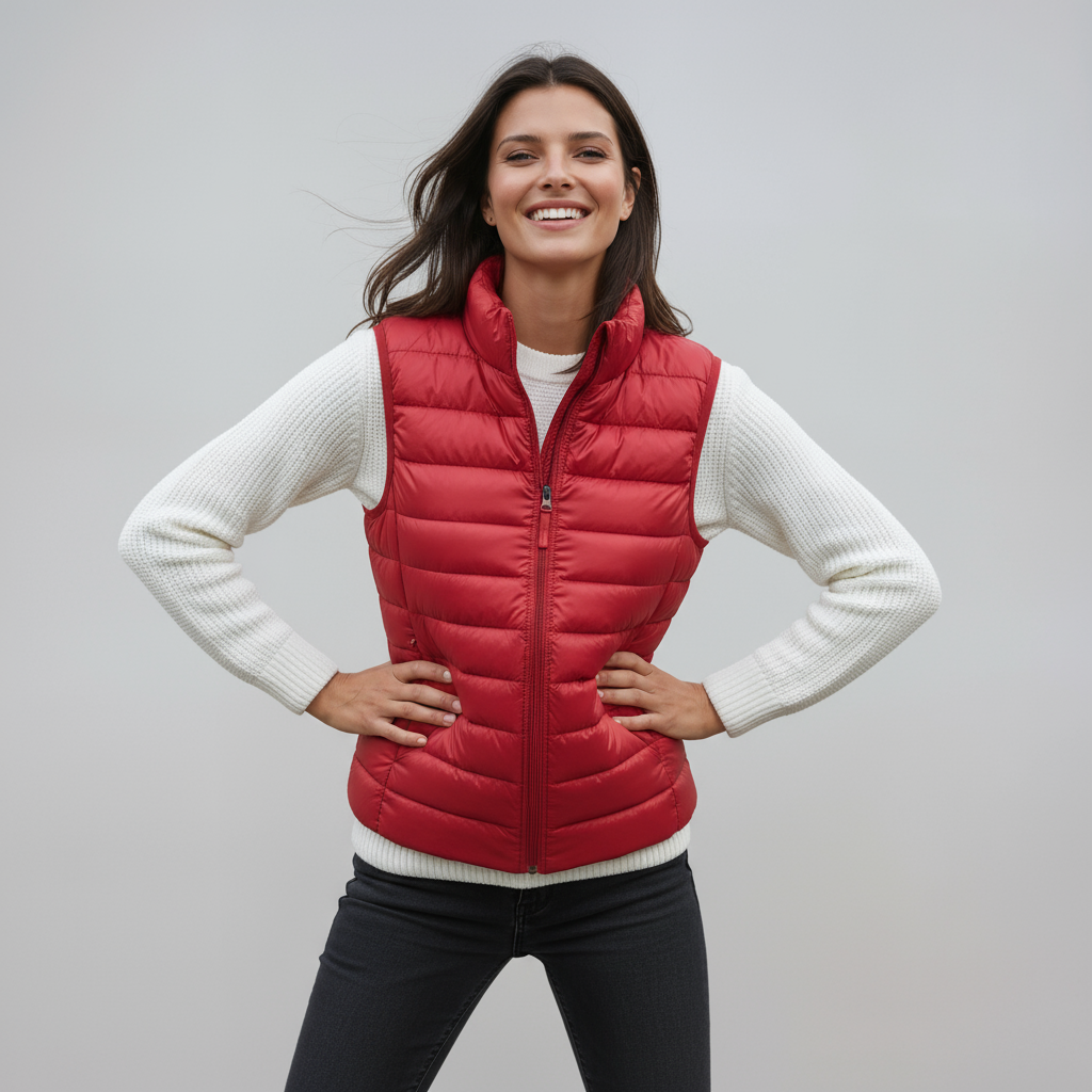 Chaleco de mujer ligero y acolchado, cuello alto. Tendencia en moda femenina, versátil para invierno y entretiempo.