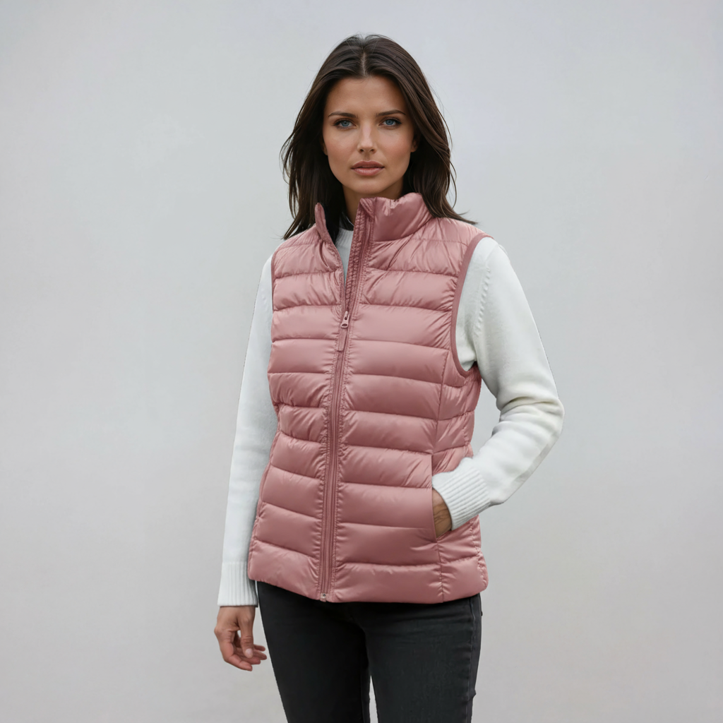 Chaleco acolchado de mujer con cuello alto, perfecto para looks casuales de entretiempo. Ropa ligera y de tendencia.