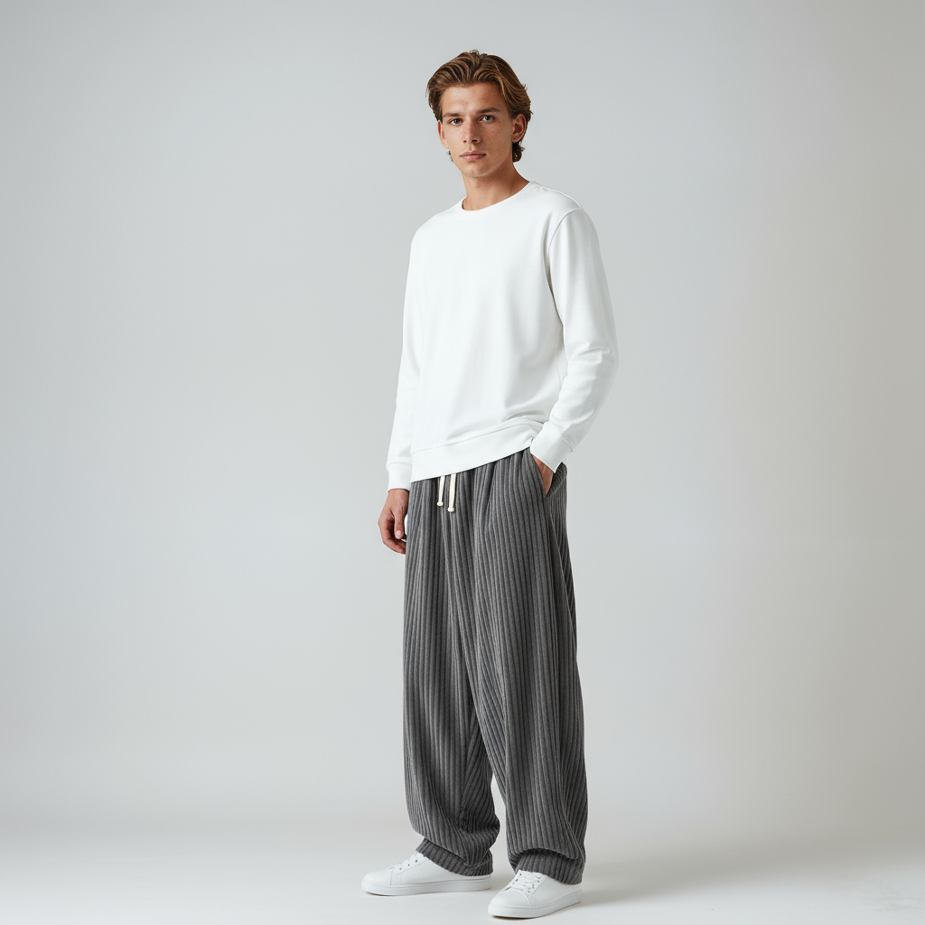 Detalle de la costura y tejido de pana del pantalón ancho para hombre, alta calidad y durabilidad.