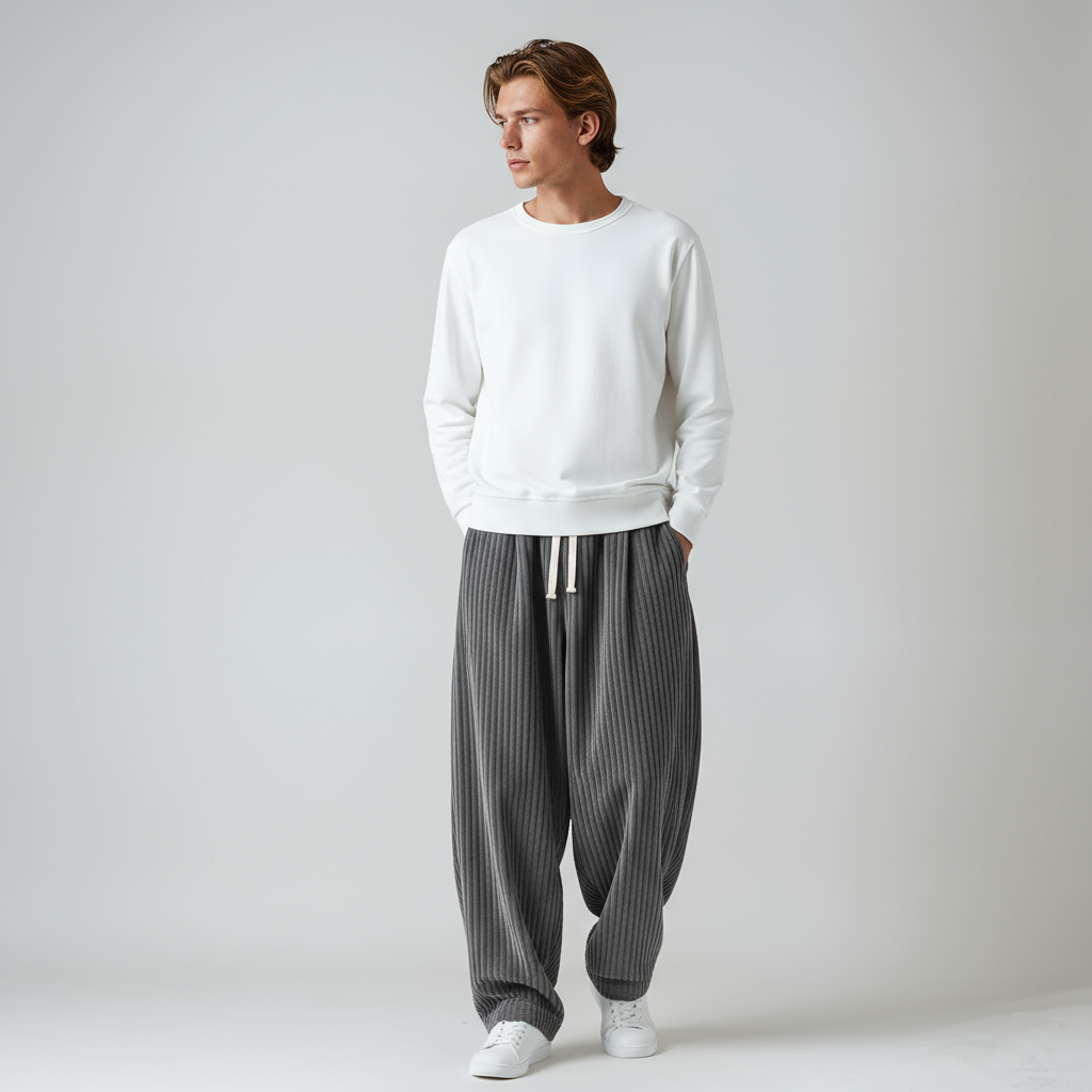 Vista trasera del pantalón ancho de pana para hombre, con bolsillos y corte moderno. Estilo casual.