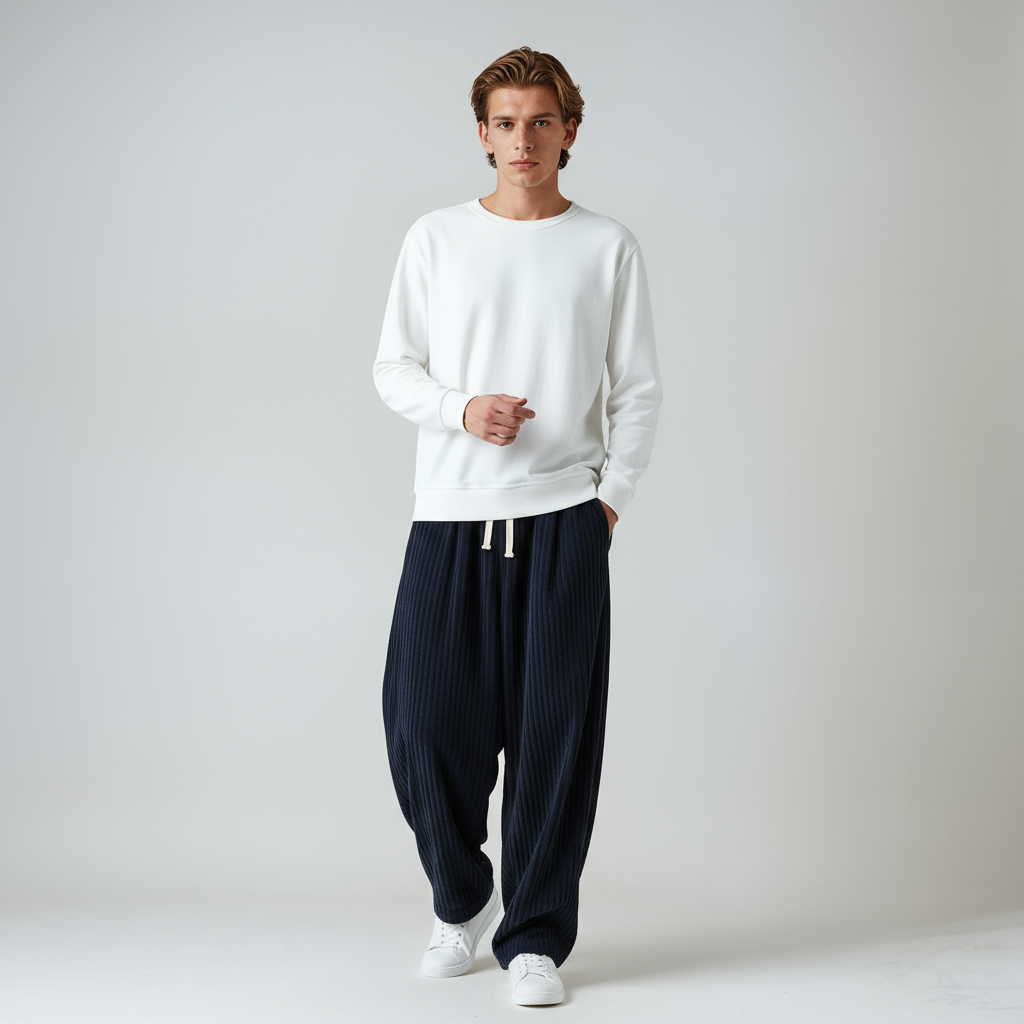Pantalón de pana ancho para hombre, versátil para diferentes estilos casuales de invierno. Moda y confort.