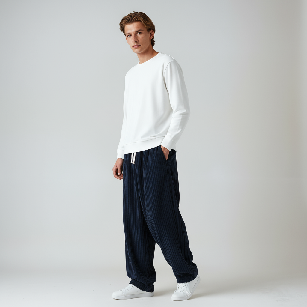 Hombre vistiendo pantalón ancho de pana, estilo casual y relajado para el día a día. Comodidad.