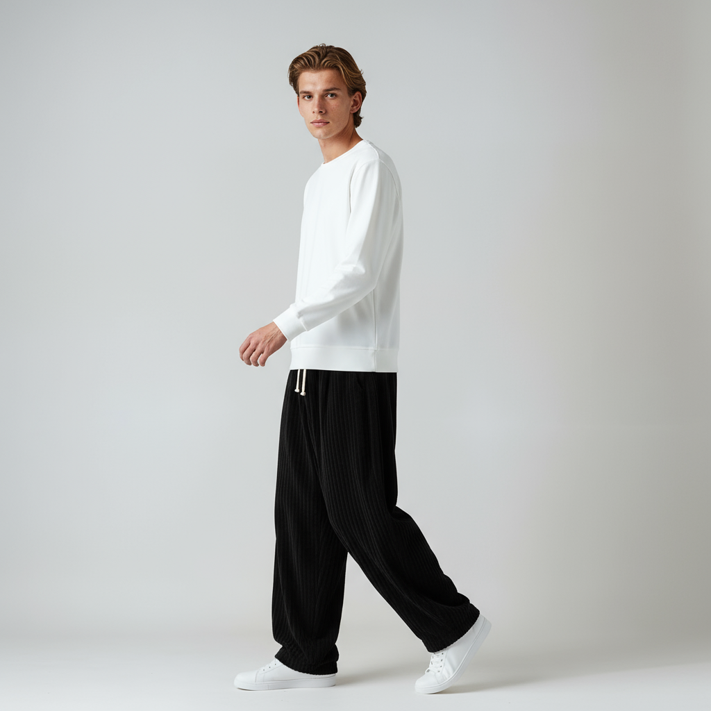 Pantalón de pana ancho para hombre en un look cómodo y funcional. Ideal para estilo casual de invierno.
