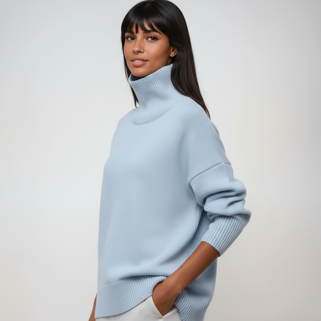 Suéter oversize de cuello alto para mujer, moda femenina casual. Ideal para un look relajado y elegante.