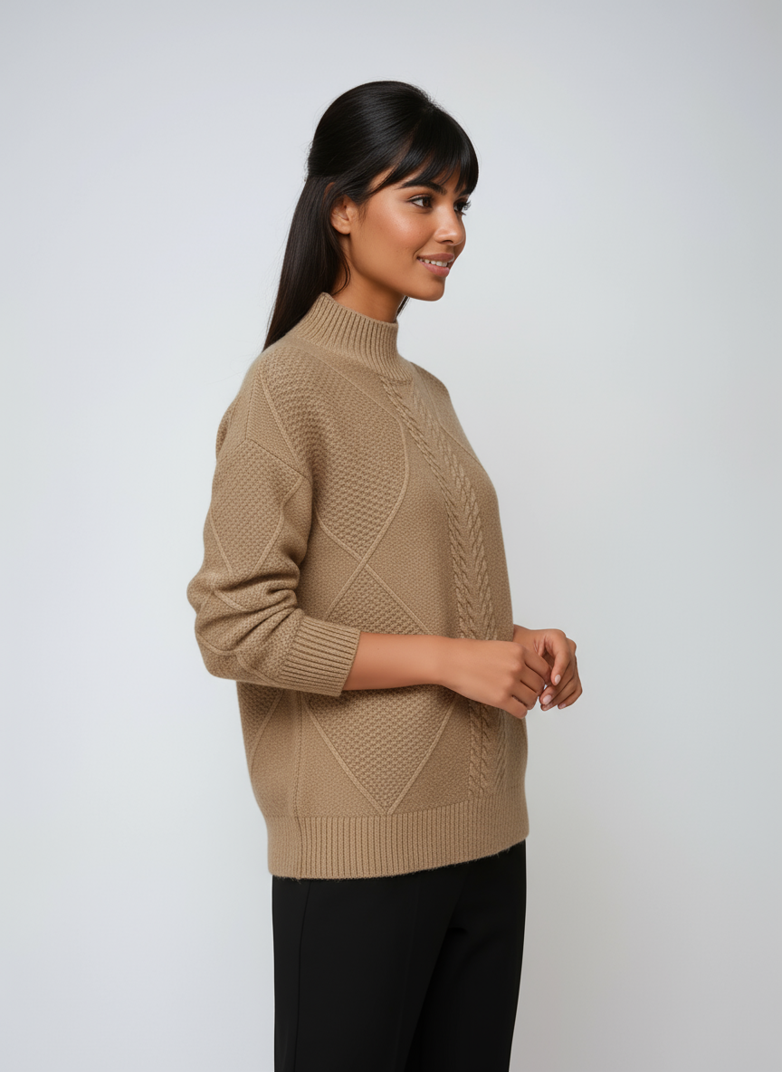 Primer plano jersey mujer ochos. Textura de punto suave, ideal para estilo casual o elegante.