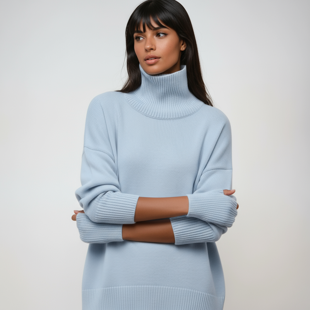 Jersey de invierno oversize para mujer con cuello alto. Ropa cálida y cómoda para el frío, estilo casual.