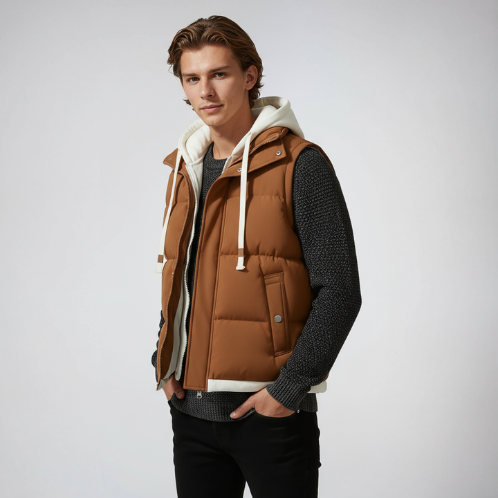 Moderno chaleco puffer de hombre con capucha. Acolchado y ligero, perfecto para entretiempo.