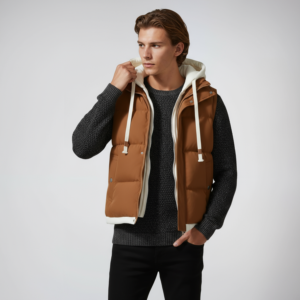 Chaleco chaqueta sin mangas acolchado tipo puffer para hombre con capucha, muy cómodo y ligero.