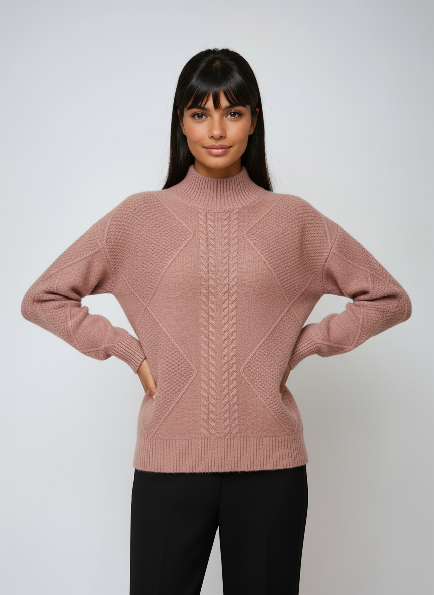 Detalle de jersey mujer ochos, cuello alto. Ropa elegante y cálida para la temporada de invierno.