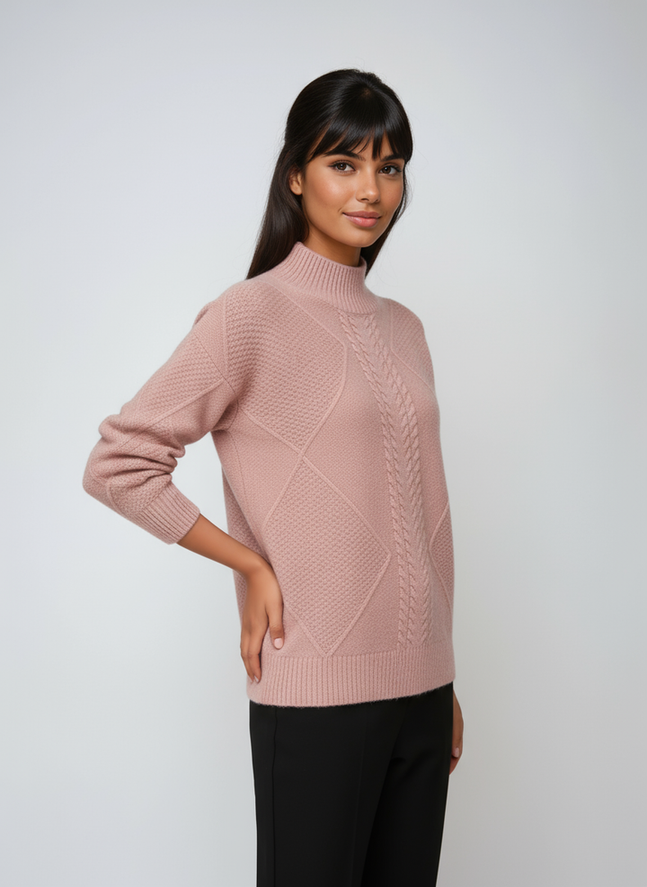 Jersey mujer cálido ELLARA, diseño de ochos y cuello alto. Moda invierno con elegancia y confort.