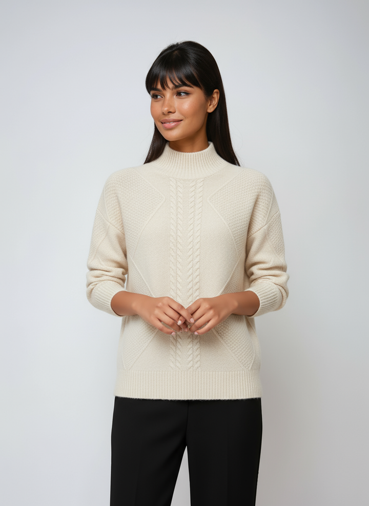 Jersey básico de mujer ELLARA, cuello alto y ochos. Versátil para estilo casual o elegante en invierno.