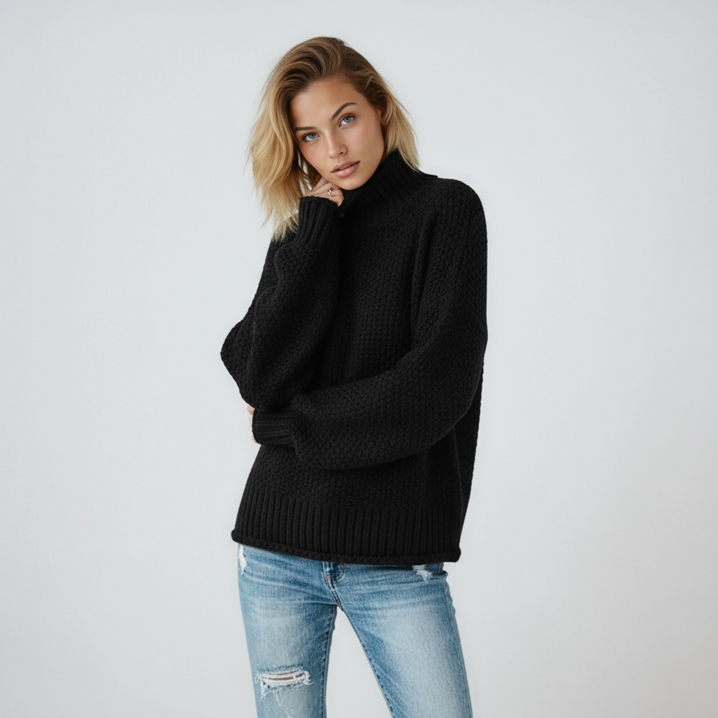 Suéter de mujer elegante con cuello alto y manga larga. Ideal para moda de invierno y calidez en otoño.